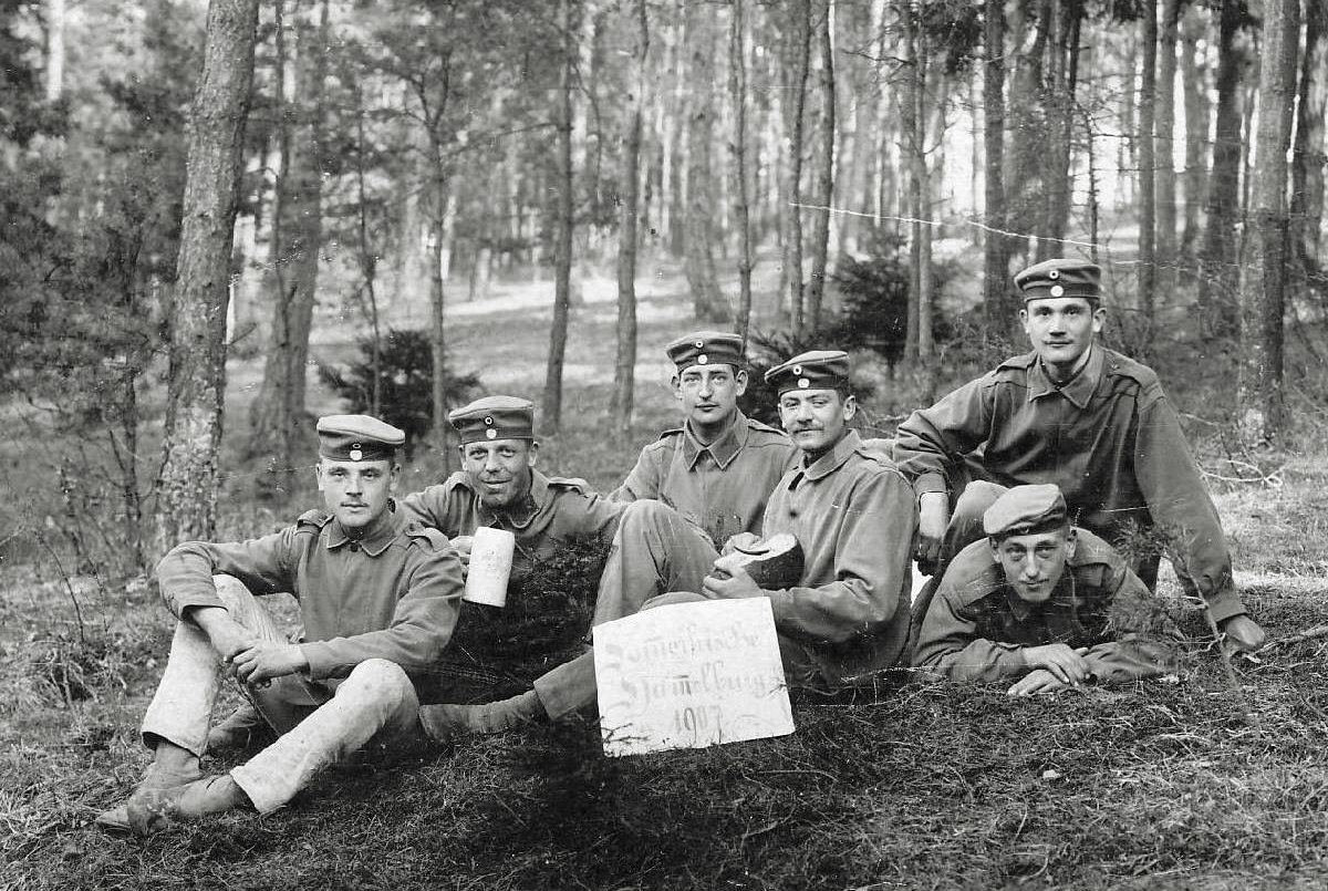 My grandfather's brother, Freidrich Schroeder (front, holding the loaf of bread) and comrades, 1907.  Freidrich was missing in action during WW I and his body never found.  Grandpop said he was an artist of considerable talent. View full size.