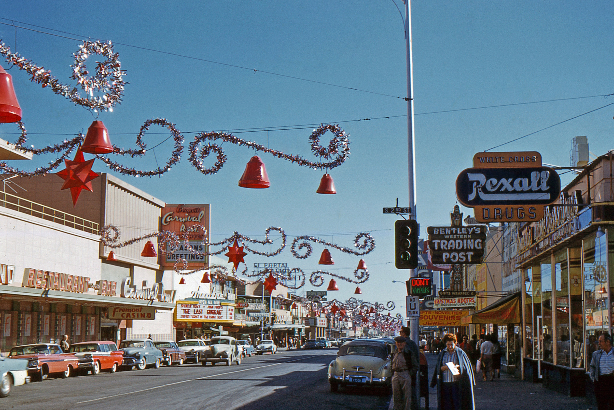Looking up Fremont Street in Las Vegas from South Second toward the Fremont Casino & Carnival Room around Christmas 1958. 35mm Kodachrome slide taken by my late father with a Kodak Retina 1a camera. View full size.