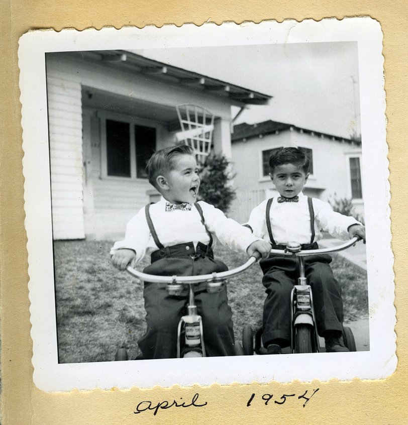 George and Donald Cormany on bikes; my mother photographed us at our house on 87th Street in Los Angeles way back in 1954. She had a Kodak Brownie camera. View full size.
