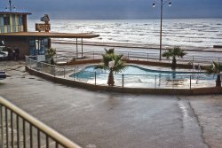 Galveston, Texas - another Kodachrome by my dad, taken in November, 1960. The weather looks ominous. View full size.
Beautiful locationHow cool it would be to swim in that pool while the waves break in close by. I would imagine the rates were reasonable, even by the standards of the day. A family could be lulled to sleep by the sound of the waves through an open window.
A web search shows many lodging places in Galveston right up by the shore. I wonder what became of this one? I couldn't find a match with the name provided.
Did a big storm or hurricane perhaps damage or destroy this place?
I'm hoping it is still in business, under a different name.
(ShorpyBlog, Member Gallery)