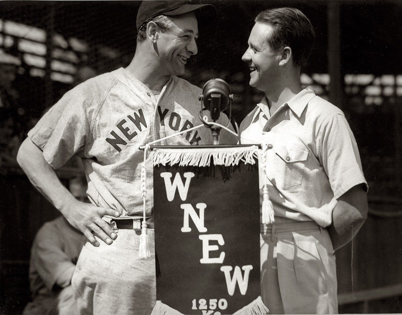 A publicity photo of the Iron Horse, Lou Gehrig, with my grandfather Earl Harper, a broadcaster with WNEW Newark in the 1930s. My grandfather died when I was way too young to know him, but I treasure this family memento and only wished I could have heard his many stories about those days in baseball history! View full size.