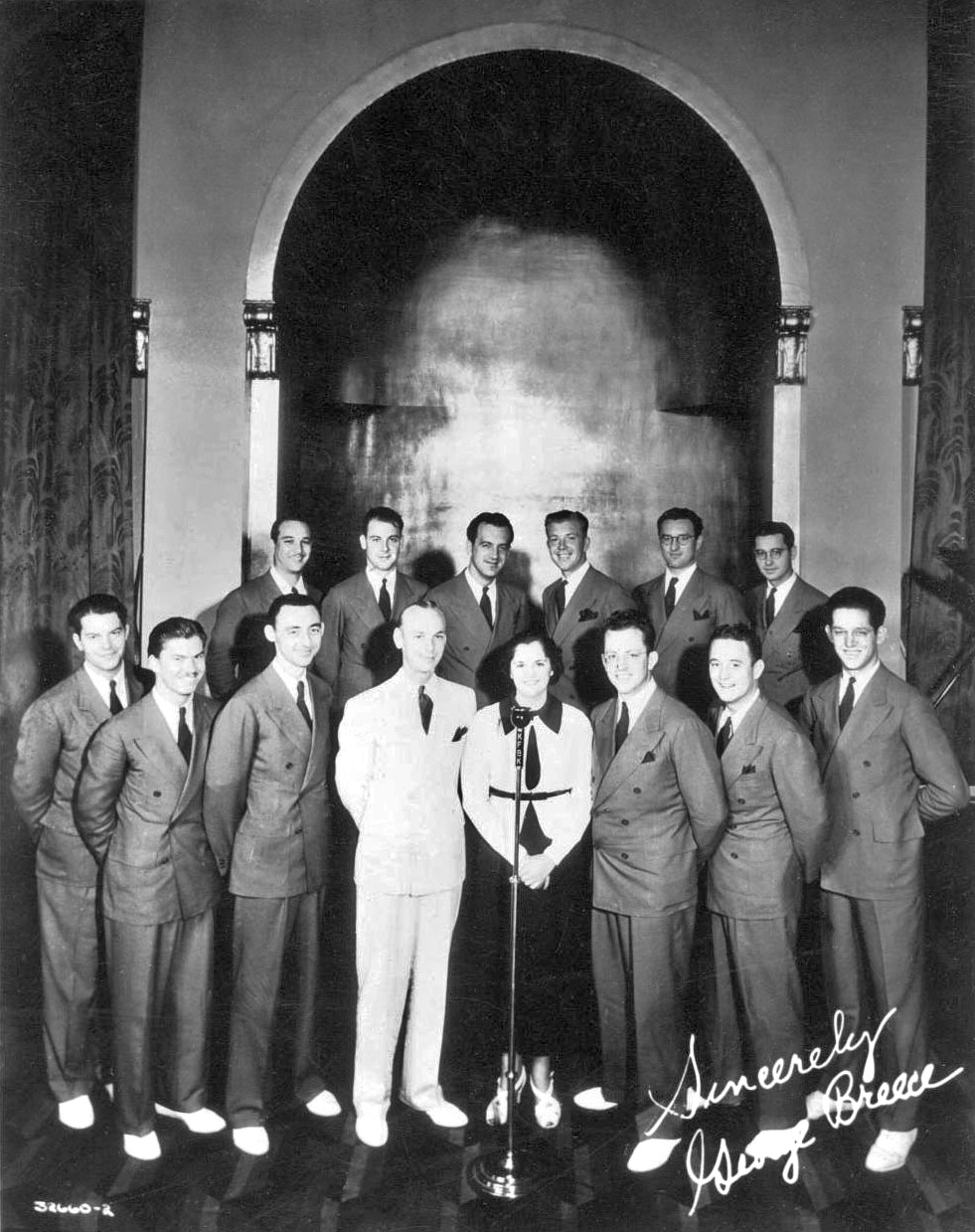The George Breece Orchestra, sometime in the 1930s in Sacramento, California.  My wife's father, Bodie Aubery, is second from the right on the bottom row. At one point, George Breece was the music director of radio station KFBK, still on the air. View full size.