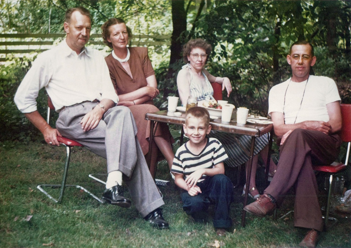 My grandfather and grandmother, Harold and Martha Vernon, and an unknown couple in their backyard in the Ghent Hills area, around Bath, Ohio, in 1949. View full size.