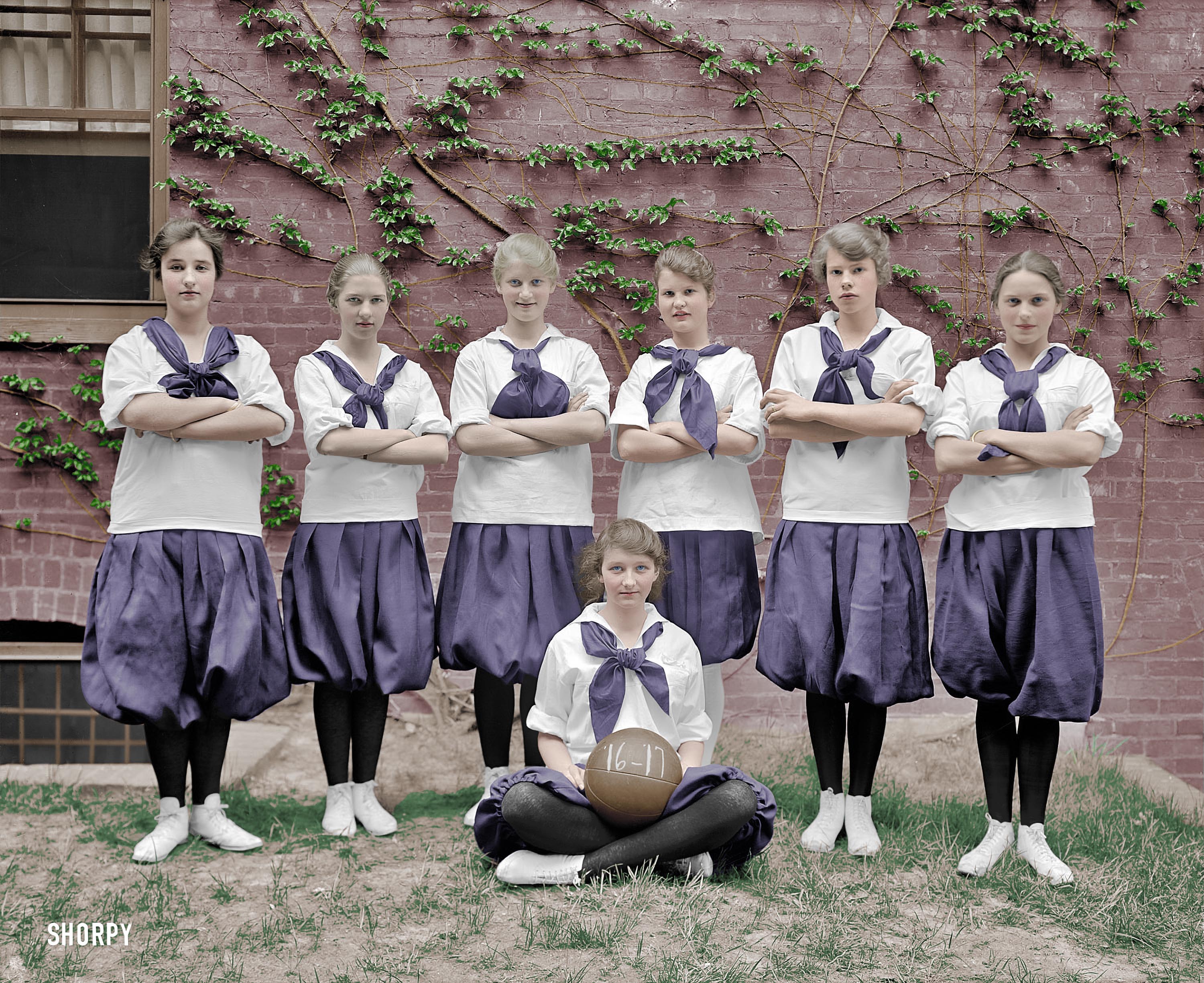 Here is my version of this Shorpy photograph. How did they ever run on a basketball court with that type of uniform on?