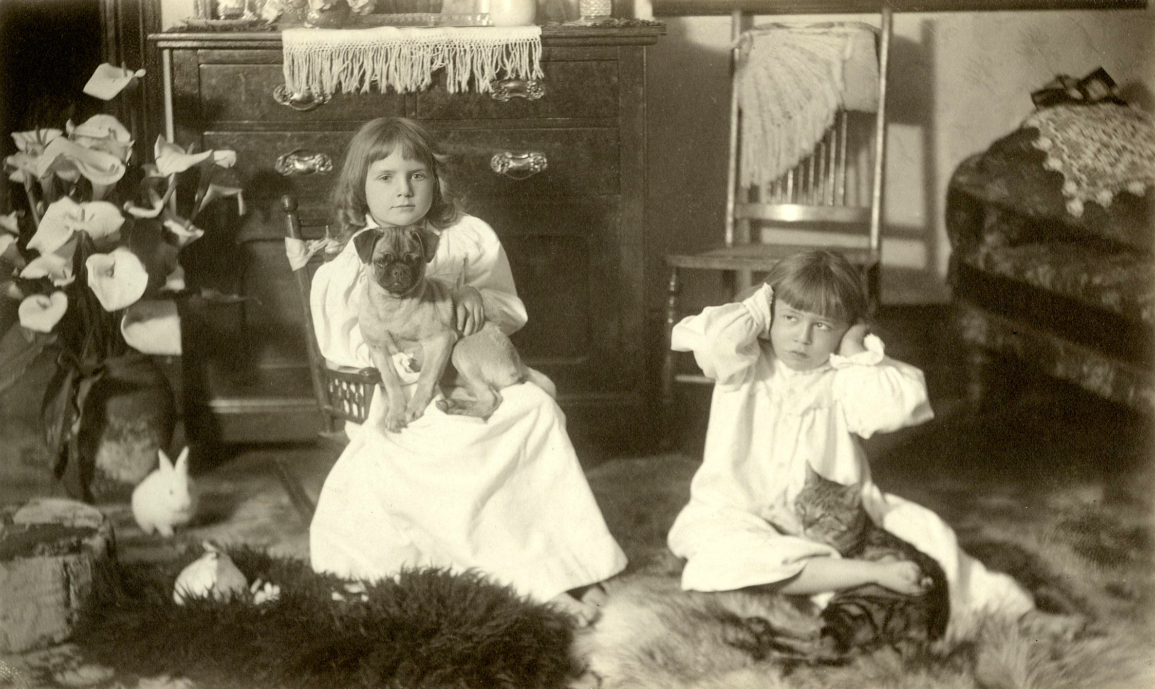 Catherine & Augusta Thiele with pets, Auburn, California, c. 1895. View full size.