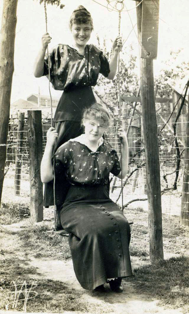 My Great Grandmother Ella (Jones) Woodruff (seated) and her daughter, my grandmother, Gladys Iola (Woodruff) Farnsworth. Gladys was born in 1897 and died in childbirth in 1925 so I'm guesstimating that this picture is around 1914 since I think she looks about 17. Not sure where they are when this picture was taken. She was born in NY but died in Toledo, Ohio. View full size.
