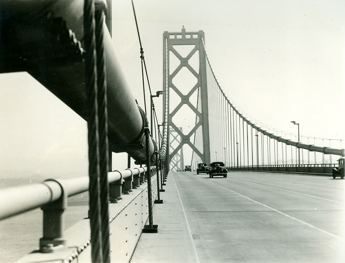 Taken by sailor off the USS California in 1938. A nice shot of cars coming traveling the Bay Bridge (Thanks El Frijole). View full size.