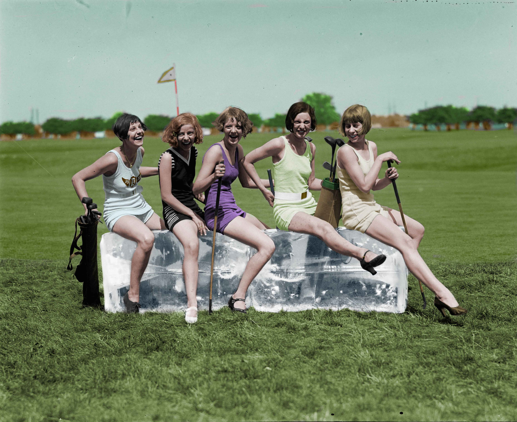 Black and white colorized by me. Taken July 9, 1926 by National Photo Co. Identified in another photo as Elaine Griggs, Virginia Hunter, Mary Kaminsky, Dorothy Kelly and Hazel Brown. View full size.