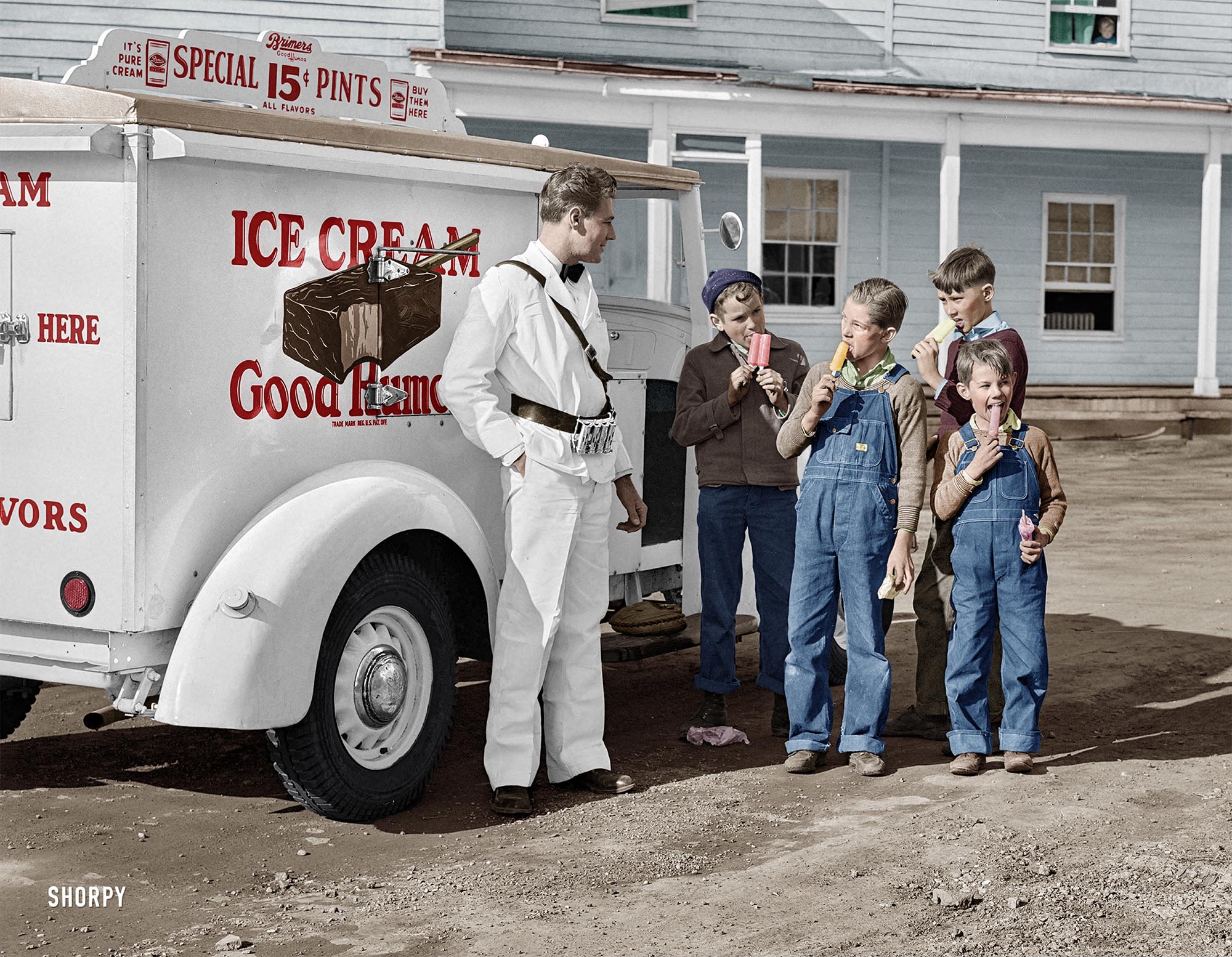 Every kid waits for the Good Humor Man, and it still happens today. Colorized version of this Shorpy image.