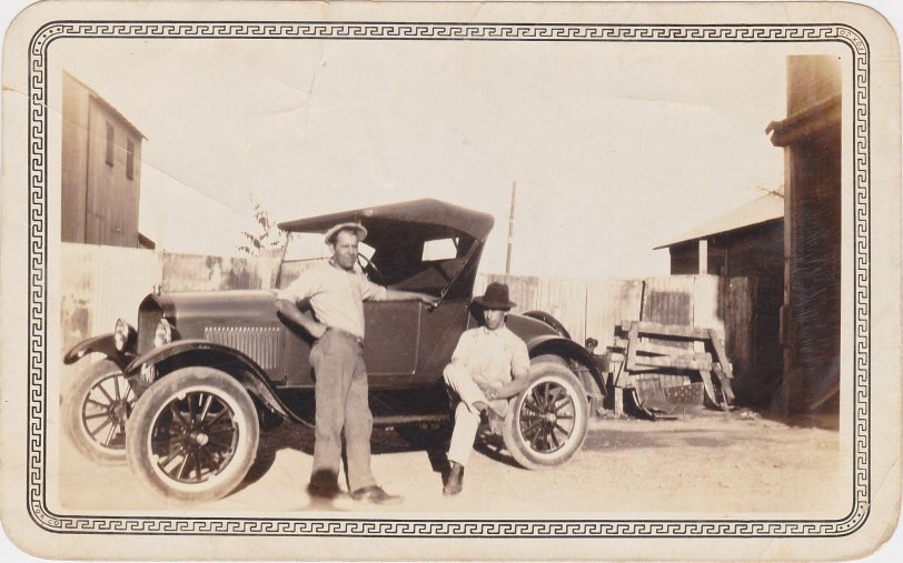 The man seated on the running board is my wife's paternal grandfather, Eliseo Diaz. The photo was taken (we assume) in San Antonio, Texas in the late 1920s. My father-in-law, a sharp 91-year-old himself, isn't sure if his father owned that Model T or was just resting himself there on his friend's car. Either way, he was happy to have recently discovered this shot of his father in his familiar, cross-legged pose. I am equally happy to scan it and present it here on my favorite daily haunt, Shorpy.
