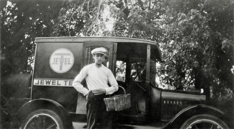 My grandfather had a number of traveling sales routes in the late 1920s and 1930s in Illinois and Iowa. One of them was for the Jewel Tea Company, as seen in this picture. My dad sometimes got to ride along on the route. This picture is dated 1927. View full size.
