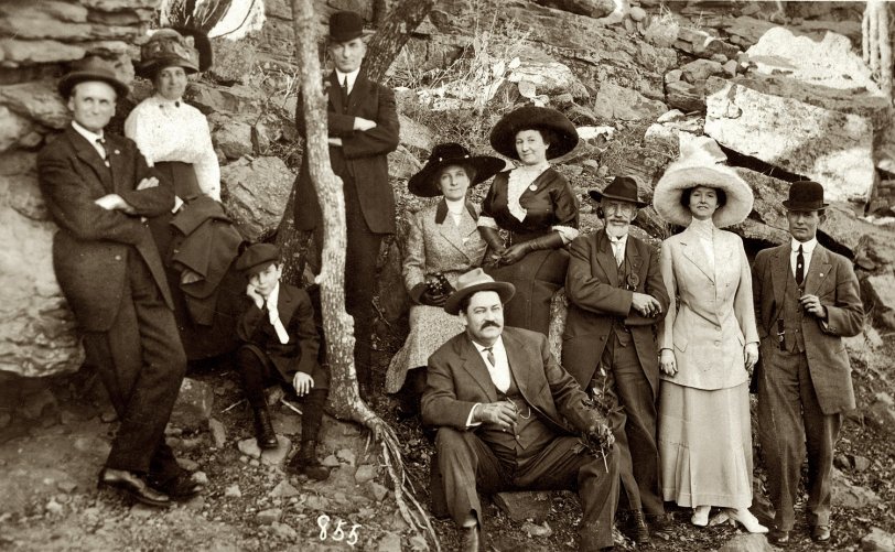 East Mountain, Arkansas, about 1904. My great-great aunt Grace Dowell (center, holding binoculars) and friends on an outing in the Ozarks, near the town of Eureka. Notice the hearing aid on the older man, third from the right.
