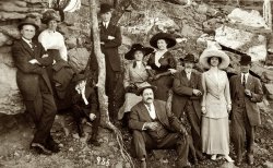 East Mountain, Arkansas, about 1904. My great-great aunt Grace Dowell (center, holding binoculars) and friends on an outing in the Ozarks, near the town of Eureka. Notice the hearing aid on the older man, third from the right.
(ShorpyBlog, Member Gallery)