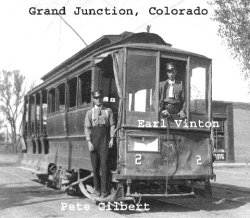 My Grandfather as Conductor of the street car in Grand Junction, CO. This was about 1905.
What StreetCan anyone, with what little's shown, tell me what street this may have been in Grand Junction.  I'm going there this summer and would like to do a drive by.
Streetcar in GJIt looks like it's heading east on Main Street just past Fourth. On the right is the old J.C. Penney building, which was a bank at the time.
(ShorpyBlog, Member Gallery, Railroads)