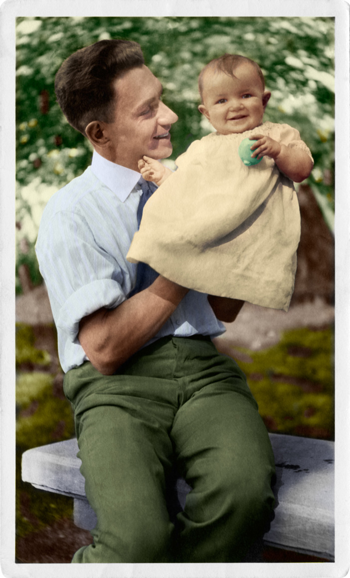 Colorized from black & white here. My Grandfather, Donald Dickinson Jenne was born in Rochester, NY in 1891. His family lived in Elgin Illinois at the time, so I can only suppose that they were visiting relatives or traveling back to see family. In 1919 Donald and Gladys Jenness were married in Minneapolis, MN. In August of 1922, their first child, daughter Priscilla Marguerite was born. In July 1923 they posed here at the lake house in northern Wisconsin on Lac Courtes 'Oreilles. His obvious joy in her is so wonderful. Her expression is one she carried with her all her life. A beautiful and direct smile. Priscilla is my mother. View full size.