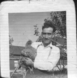 My great-grandpa, George Gingerich, with a favorite chicken. Seconds after this photo was taken, the chicken pecked him in the eye and he had to wear a bandage for three months (he kept his sight).