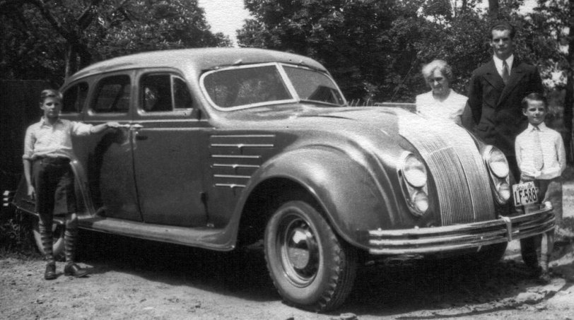 My Dad, Douglas Freeman to the left and a 1934 Chrysler Airflow. Taken in Burlington, Ontario, Canada. View full size.
