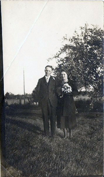 This was on their wedding day (around 1920) in Northern Wisconsin. He was an immigrant from Germany and came over in the 1890's. He spoke German and served in WWI. He was quite the farmer. View full size.
