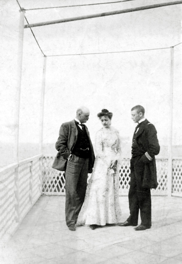 This picture was taken on Crete in the summer of 1902. It shows my maternal grandparents, Christiern and Dagny Broberg, socializing with the resident Russian consul (left). My grandparents were married in Rome two years earlier and moved to Crete where Prince George of Greece secured a job (Harbor Commander) for my grandfather. My two oldest uncles Torben and Christian, were born there. 
The Russian revolution forced them to return to Denmark where they had three more children: Flavie, George, and my mother, Yvonne. All five siblings married abroad.
