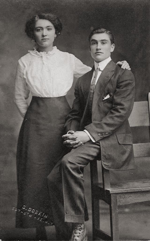 My grandfather, Orest Caselli, born 1895, and his sister Catherine, born 1893. Photo taken in the studio of G. Dobkin, New York City, 1914. This along with another one are the oldest known photos of him, and this is the only known photo of her. They came to America (along with 4 other sisters) from Northern Italy via Ellis Island in 1911.