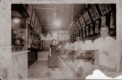 This is my great grandfather's butcher shop at 340 Hicks St. in Brooklyn (now the site of Long Island College Hospital). I believe he is the one closest to the camera. I'm unsure of the year, but I would guess c. 1900. He was born in 1859 or 1860. View full size.
(ShorpyBlog, Member Gallery)