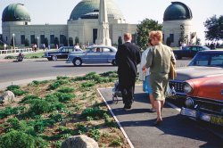 Family outing to Griffith Observatory in Los Angeles, Spring 1962. New baby in the stroller. 35mm Kodachrome slide. View full size.
MemoriesOur family traveled from South Bend, IN to LA in June of 1963, and visited the Griffith Park Observatory, among many other places, so this brings back so many memories! For those interested, my guess on the cars: 59 Chevy, 51 Pontiac, 58 Plymouth, 59 Buick, and a 55 Ford.
1962I was born Jan. 1962, my  5 and 3 year old get excited when we go here. Still a great place to visit best time is at night. People are still building motorcycles in that style today. Dig the black suit and love the 1959 Chevy.
&quot;Rebel Without a Cause&quot;Remembering one of the scenes shot in the movie at this location. I read somewhere that a monument and statue of James Dean is on the property.
(ShorpyBlog, Member Gallery)