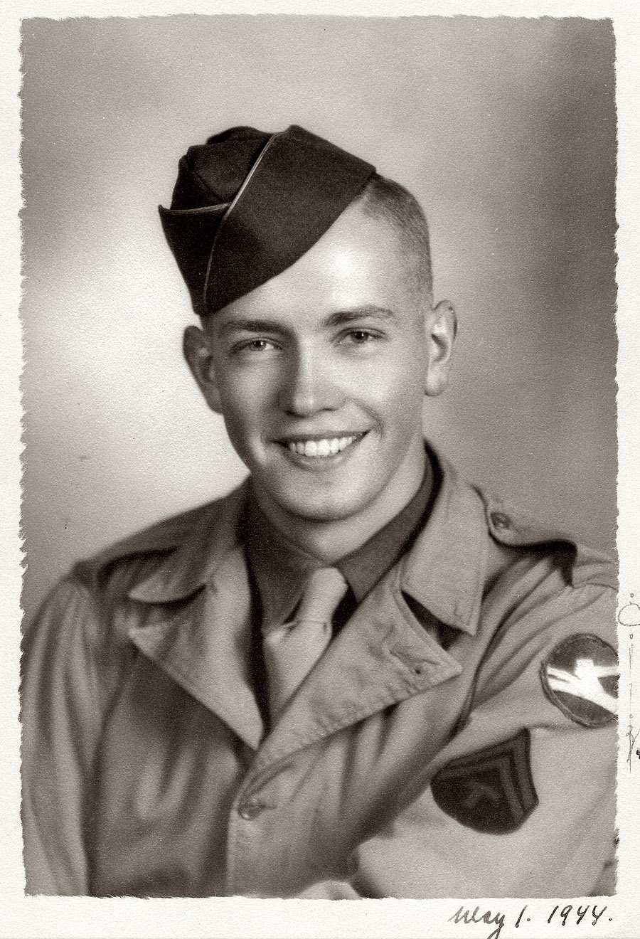 My father, taken about four and a half months before his division, the 84th Infantry, embarked for Europe.  The 84th entered combat in November 1944 and fought in three campaigns until V-E Day.  T5 Jensen ended the war as a Master Sergeant and earned the Bronze Star. View full size.