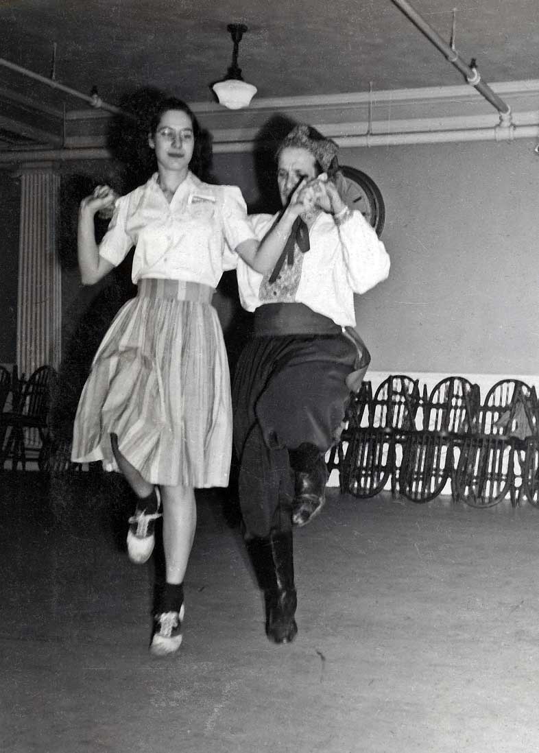 Mom dancing with E. Eddy Nadel, founder of the Harvard Folk Dance Society, c. 1944-46. My parents met there, or at the International Student gatherings. Until recently, I still had some of the 78s they used to dance to. View full size.
