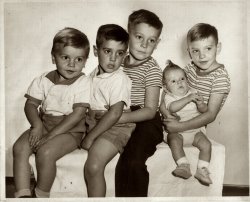 These are my brothers: Dick, Tommy, Kenny, Dale (the baby) and Larry Hedge. Hall, New York, 1953. I came a few years later, the only girl. Of course they named me Peggy, so 1950s.
(ShorpyBlog, Member Gallery)