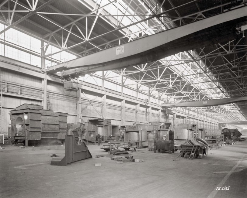 Hingham, Massachusetts, 1953. Westinghouse-Sturtevant temporarily leased this section of the shipyard for the manufacturing of mechanical draft fans until the completion of a new addition at the Hyde Park, Massachusetts, plant in 1954. View full size.
