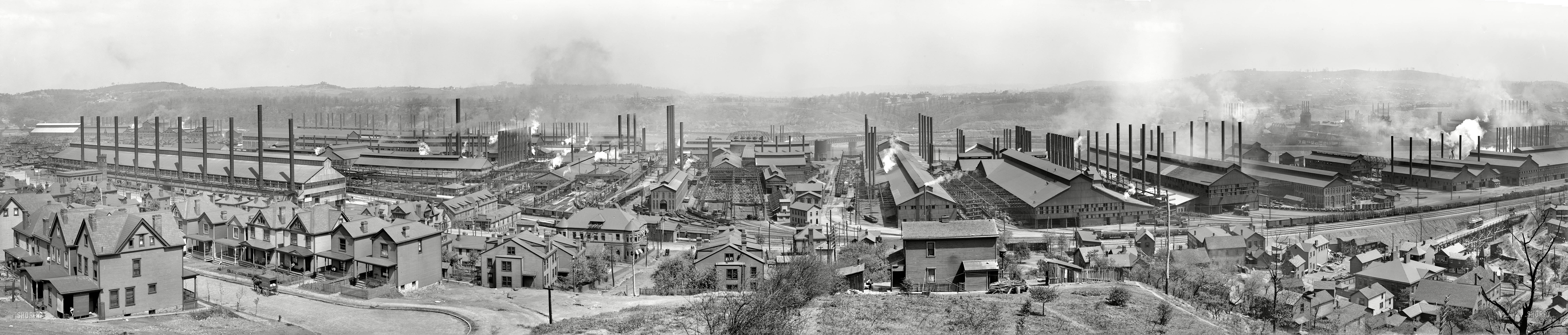 Homestead, Pennsylvania, circa 1910. "Homestead Steel Works, Carnegie Steel Co." Lots of interesting details in this humongous panorama made from four 8x10 inch glass negatives. Detroit Publishing Company. View full size.