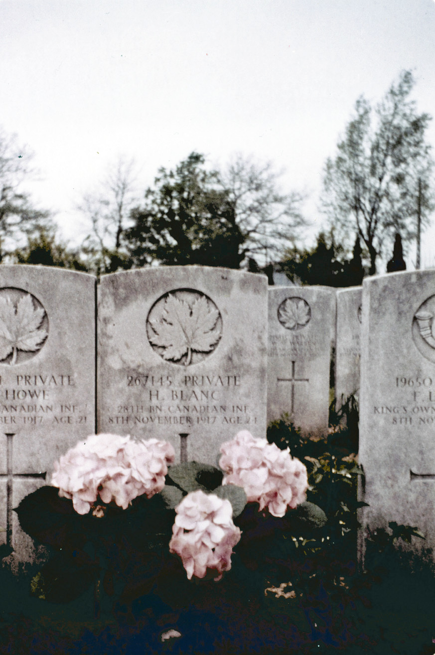 The grave of my great-uncle Hubert Blanc who died at Passchendaele a hundred years ago at the age of 24.  His younger sister, my maternal grandmother, took this photo on May 16, 1965, at the Lijssenthoek Cemetery in Belgium.  Hubert was born in France, grew up in New York City, moved to Saskatchewan to farm with his family, and ended up back in the continent of his birth where he fought and died in the First World War. View full size.

Hubert Blanc