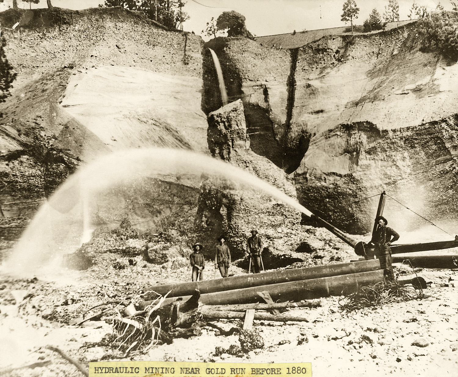 This photograph is from our collections at the Placer County Museums.  It depicts hydraulic mining near Gold Run, California sometime before the 1884 Sawyer Decision effectively ended the practice. View full size.