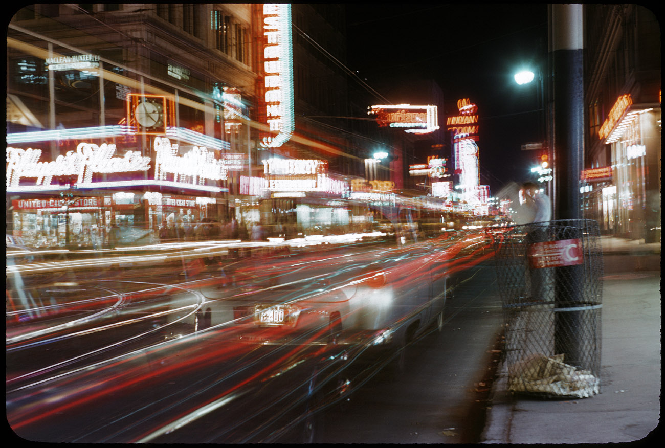 "Montreal July 1954. Night on Catherine and Peel Streets." From Set 3 of found 35mm Kodachrome slides. View full size. I don't know about you, but I'm heading right over to the Indian Room to meet Jack Delano for cocktails.