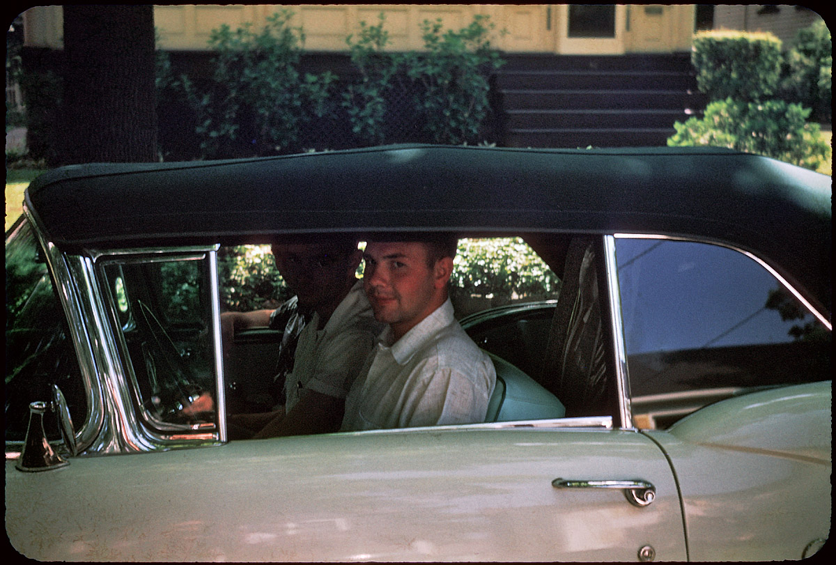 May 30, 1955. "Dan and Richie in Ralph's Buick." From Set 3 of found 35mm Kodachromes, many taken around Rochester, New York. View full size.