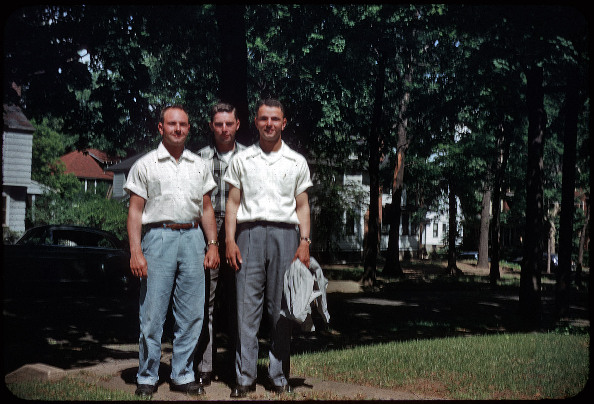 "May 30, 1955. Ralph, Dan and Richie," also seen tailgating and riding in Ralph's Buick. From Set 3 of found 35mm Kodachromes. View full size.