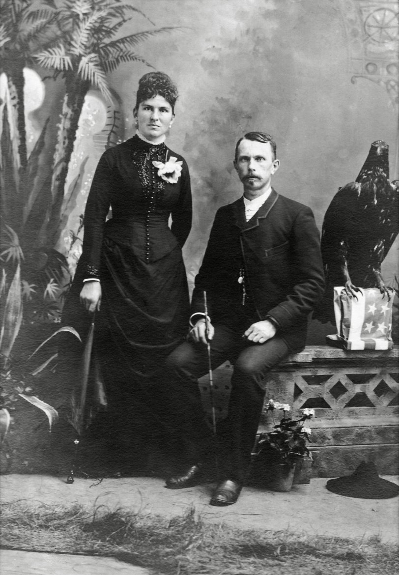 My great-great-grandparents Fred and Emma Schubert in their wedding photo, taken April 13, 1888. Emma was born in Schleswig, Germany on October 7, 1863 and died on June 24, 1912; she was buried in Kiel, Wisconsin. Fred Schubert was born in Lesohwitz bei Goritz, Germany on November 21, 1852. He came to this country with his parents at age nine and settled in Sheboygan, Wisconsin where later he became a wagon maker. In 1880, however, he entered a partnership with his brother Paul Schubert and started a photo studio in Kiel, Chilton and New Holstein. He continued the partnership until the time of his death. They also went on to have six children. All my photos are those of the Schubert Bros. studio. View full size.
