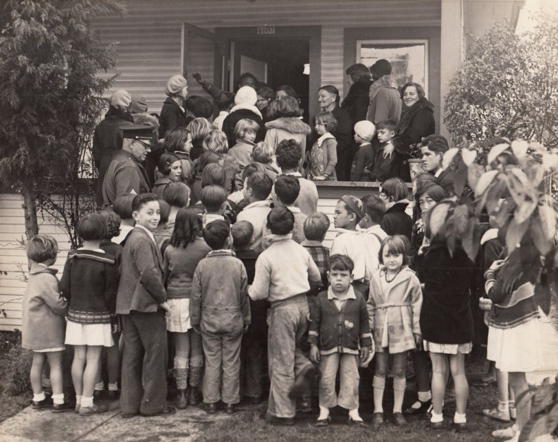 Children waiting to see my grandfather's crèche at his Los Angeles home in the 1930s. View full size.
