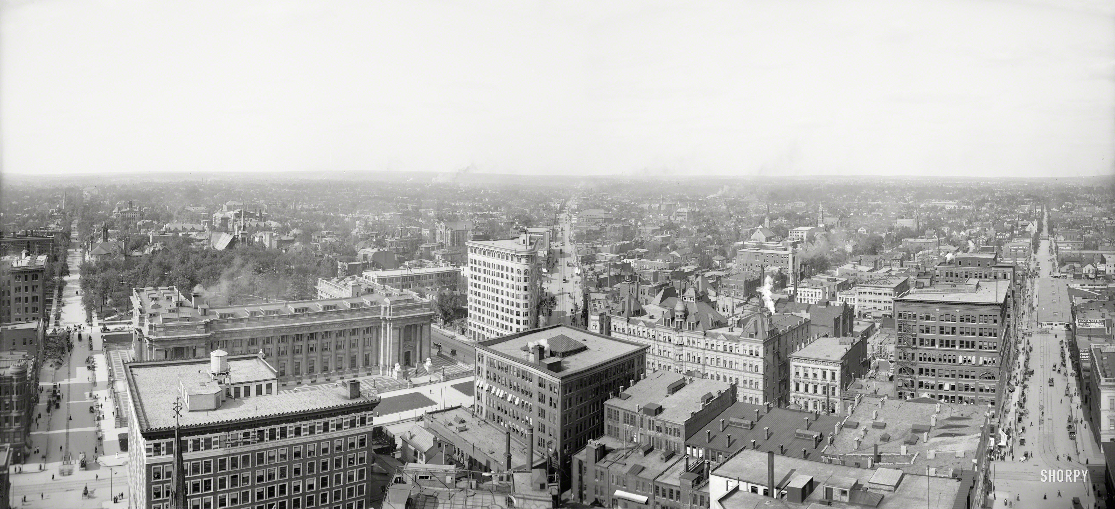 Indianapolis, Indiana, circa 1905, in a panorama made from two 8x10 inch glass plates. Who can identify the three thoroughfares? View full size.