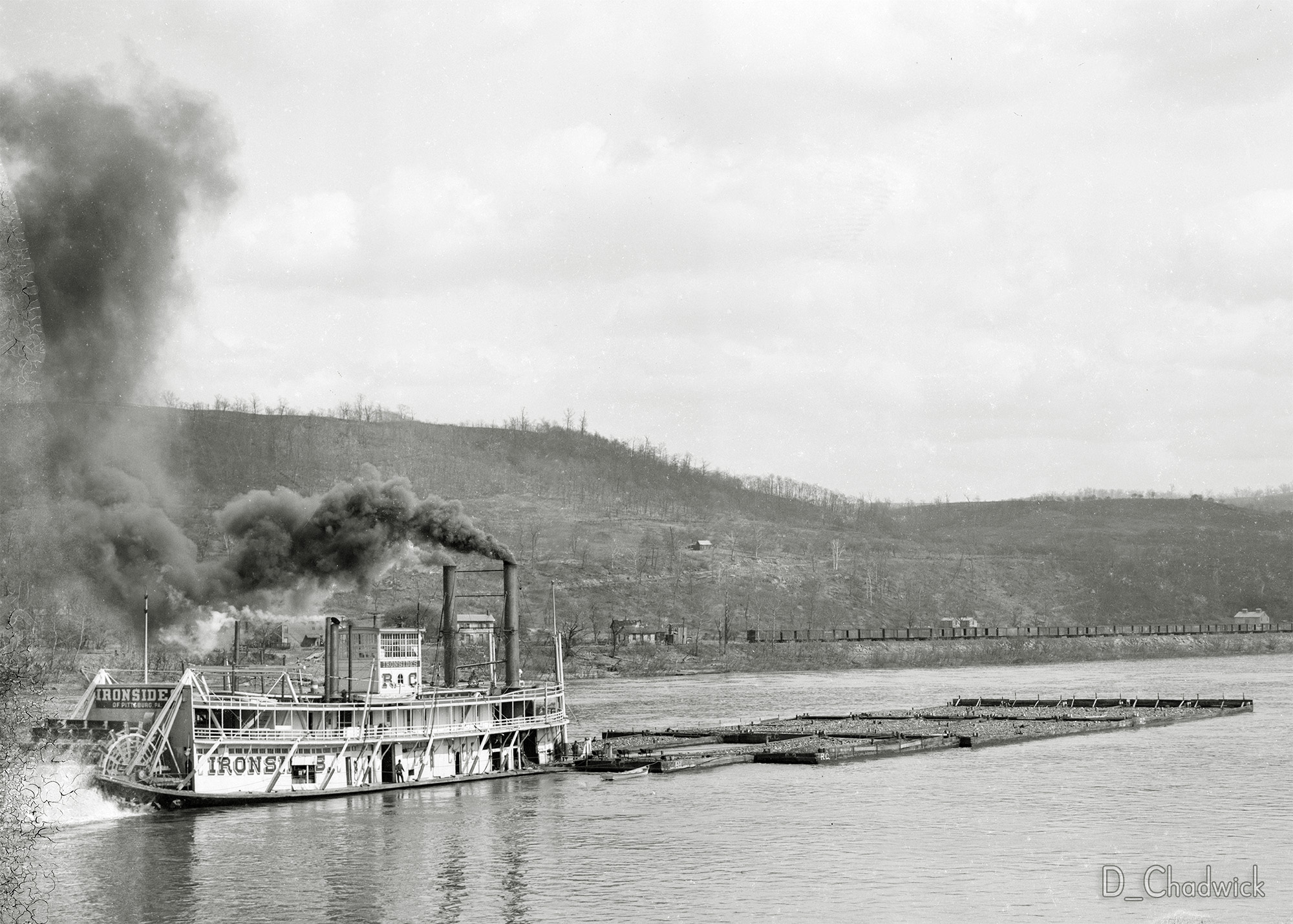 The Pittsburgh Sternwheel Tow Boat "Ironsides" was built in Pittsburgh, Pennsylvania in 1869 and was in service until she sank at Point Pleasant, West Virginia on August 6, 1927. Since there's no "h" in the spelling of Pittsburgh on the stern that dates the picture to between 1890 and 1911. More information can be found here. Scanned from the original 5x7 inch glass negative. View full size.