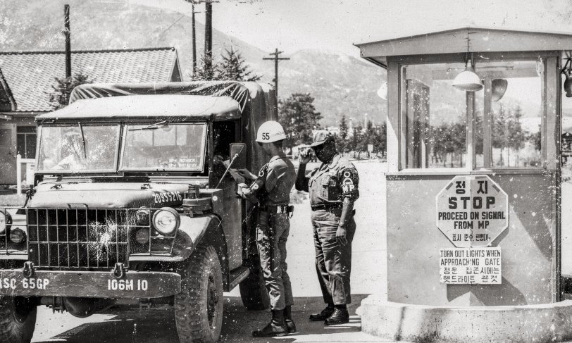 Checkpoint at Camp Red Cloud, Uijeongbu, South Korea, 1966.
From the photo albums of William Jordan of Ohio who served with the Army Military Police at Camp Red Cloud Army Base in Uijeongbu, South Korea. Camp Red Cloud was located between Seoul and the Korean Demilitarized Zone. Photos are from April 7, 1965 to March 30, 1967.
Camp Red Cloud, which had been a hub for American troops deployed near the front lines since the 1950-53 Korean War, closed in 2018. The base was named in 1957 in honor of Medal of Honor recipient Cpl. Mitchell Red Cloud Jr., who was killed during a Chinese assault in the first year of the 1950-53 Korean War. The base is in the town of Uijeongbu, which was home to the real-life unit that inspired the popular TV show M.A.S.H.
