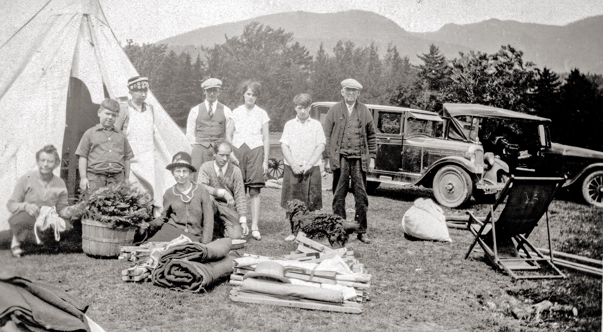 Found photos of a family from New Hampshire, 1929-1935, out on several automotive camping trips around Mt. Chocorua, Chocorua Lake, Hampton Beach and Rye areas of New Hampshire. This trip is dated 1932.