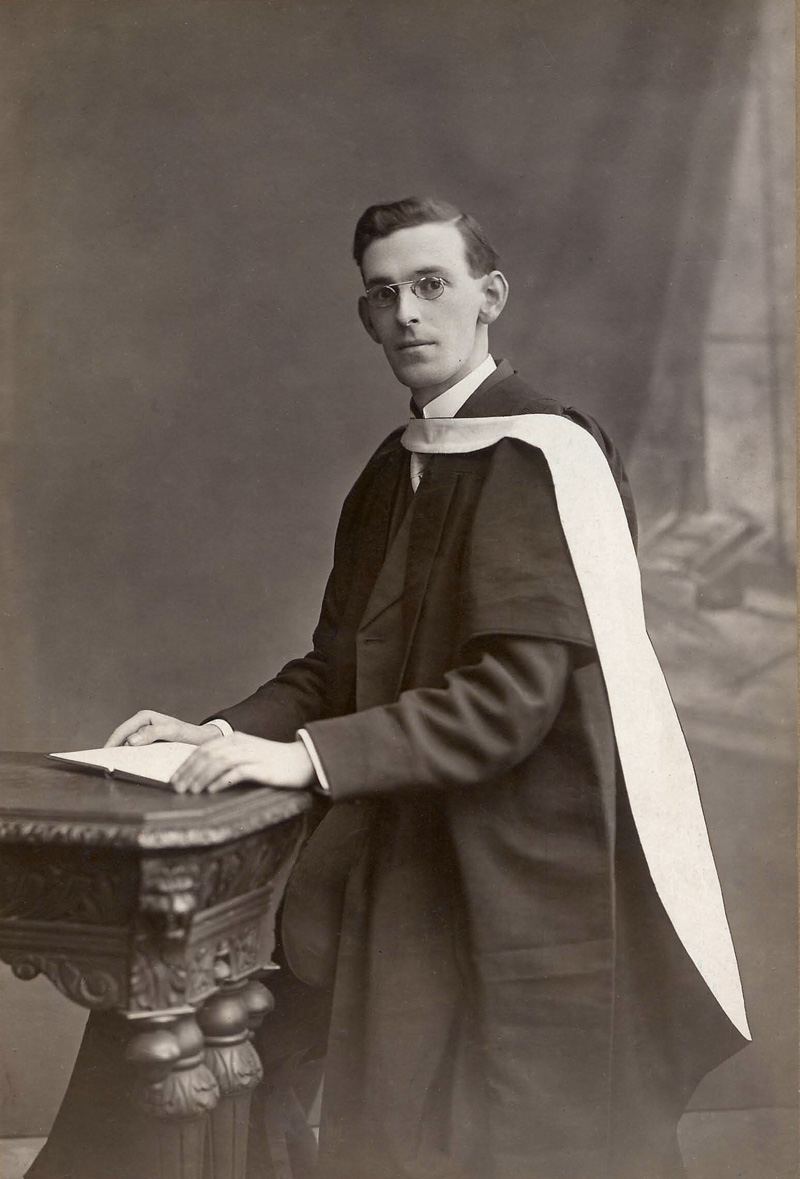 This is the graduation photo (1919) for my grandfather, James Edward McIntosh, Divinity Student, Edinburgh, Scotland. He became a Presbyterian Minister, first in Canonbie, and then in Dumfries, Scotland. I wish I had known him. Mom has said that he was tremendously funny. She found it difficult on Sunday mornings to sing the hymns (she was in the choir) because earlier, my grandfather would have been walking up and down the upstairs hall singing parodies of them while shaving (with a cut-throat razor, no less). View full size.