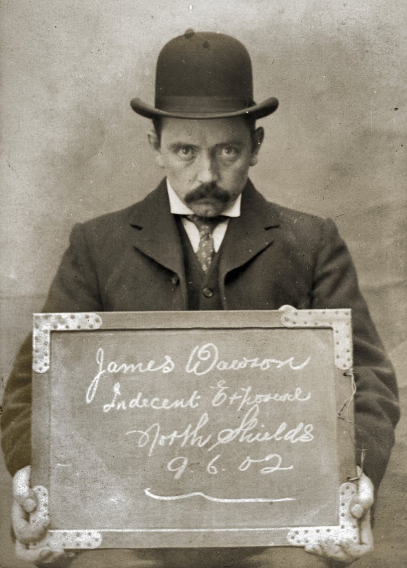 "James Dawson, arrested for Indecent Exposure. North Shields Police Station, 9th June 1902." Our first image from a photograph album of prisoners brought before the North Shields Police Court in England between 1902 and 1916, now in the collection of the Tyne &amp; Wear Archives and Museums. View full size.
