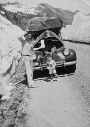 A stop in a national park -- possibly Yosemite -- on the way to work at ship yards in Washington State during WWII, 1942 or 43. View full size.
