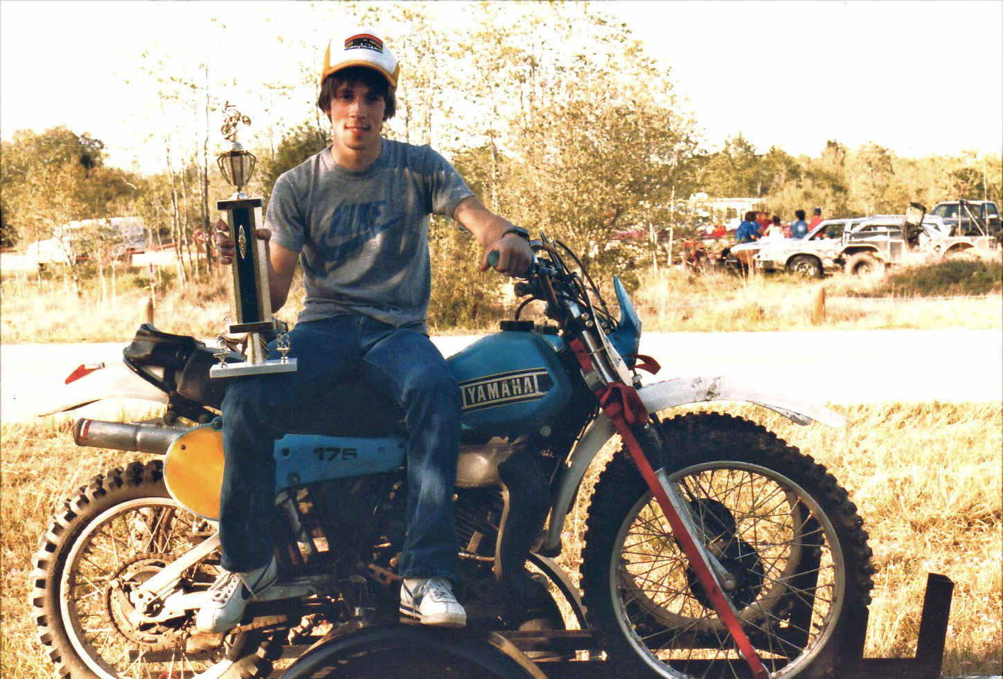 Raced an 82 IT175 3 hour hare scrambles in July 1983 in Austin, Texas. It doesn't look like it, but I was about dead after that race. The last hour was just hanging on and trying to not crash. My arms were like rubber. It was 101 degrees. View full size.