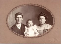 This photo was taken in Elkhart, Indiana, circa 1904. On the left is John Fred Bement, my wife's great grandfather. The child in the middle is Ruba Mae Bement (later Williamson), my wife's grandmother. On the right is Rachel Jane(Fergison) Bement, my wife's great grandmother. John Fred was a farmer and butcher in Mason Township, Cass County, Michigan. View full size.
(ShorpyBlog, Member Gallery)