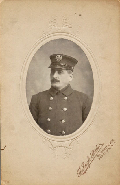 Taken in Brooklyn circa 1902. John was my great uncle, older brother of my grandfather, Edward Langdon (also an FDNY fireman), on my mother's side. Their oldest brother, Garrett Langdon, was Deputy Chief of FDNY. View full size.