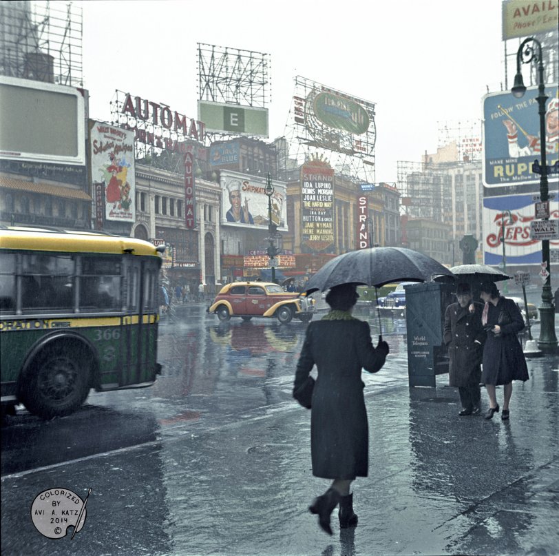 Colorized from this Shorpy original. Another view of a 1943 rainy Times square by John Vachon. In this 1943 shot the war is a bit more visible. There is an "in case of an air raid siren" sign and some loudspeakers are visible on the far away light posts. View full size.
