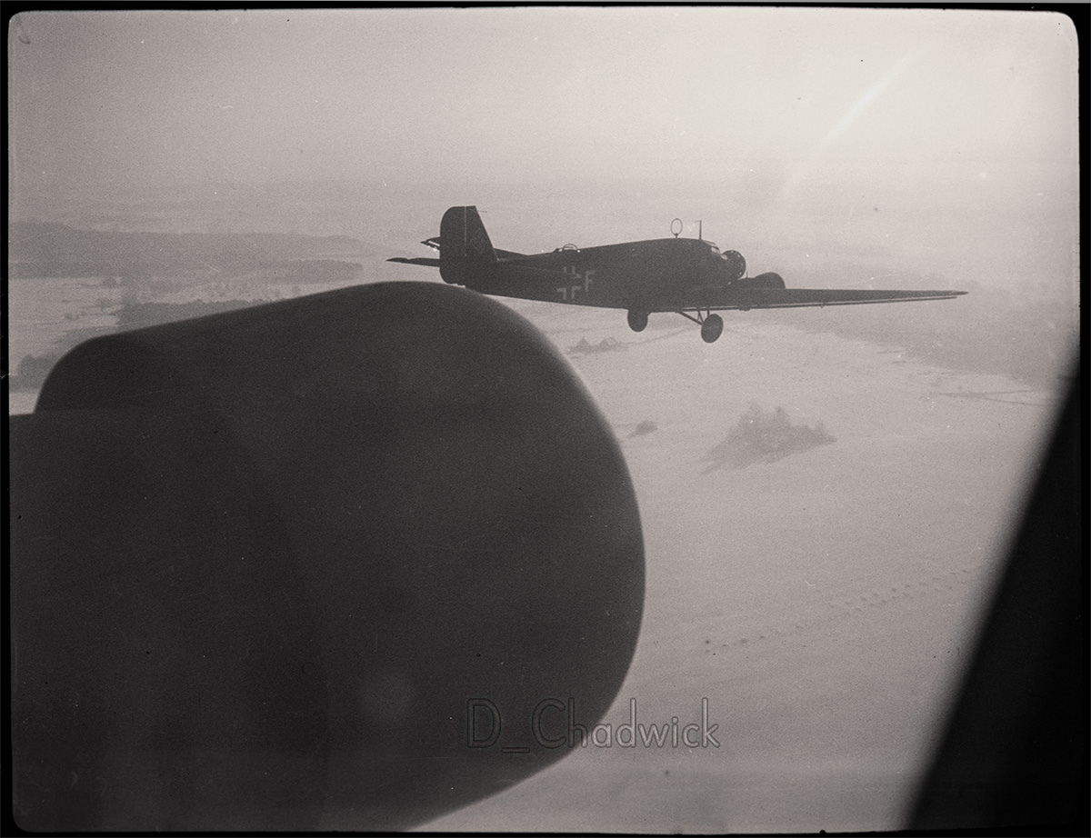 Part of a formation of Ju-52 transport planes. This was taken from the first seat behind the cockpit. Scanned from the original German 6 x 4.5cm negative.
